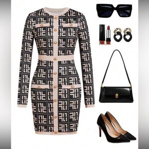 Chic Black and cream Patterned Dress